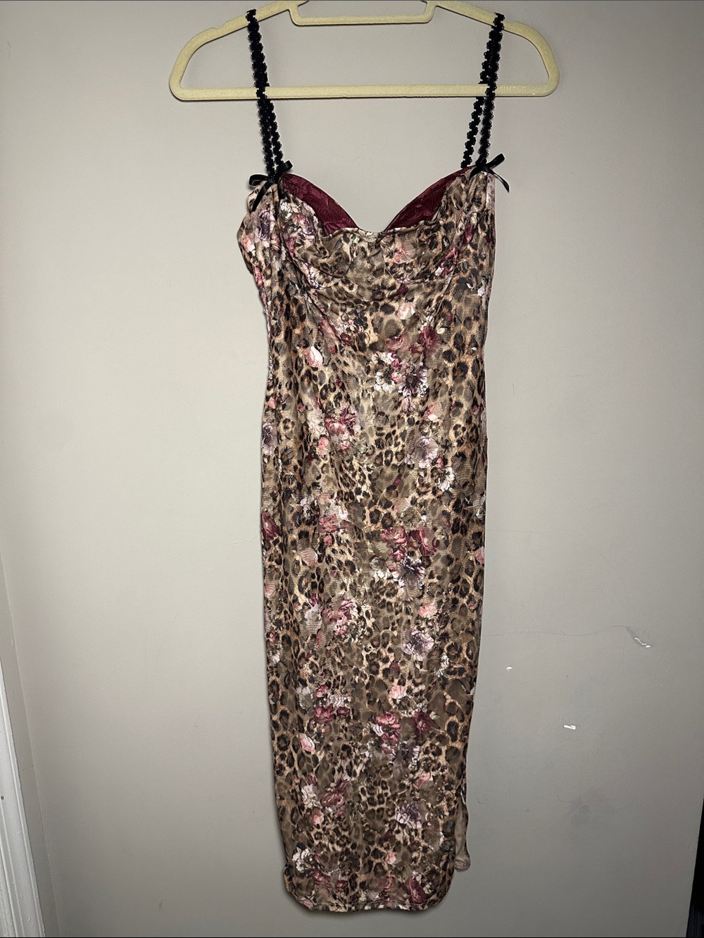 Fashion Nova New Sassy Lace Leopard Floral with Burgundy midi dress